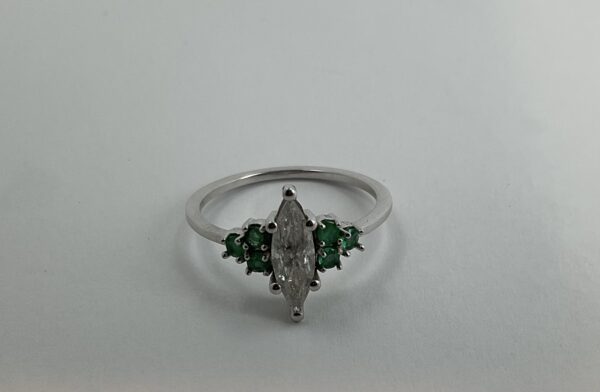 WG emerald and marquis diamond ring 14k